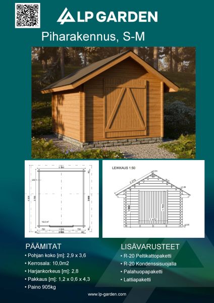 Pihavarasto suoraseinäinen S-XL 20m2 LP-Garden
